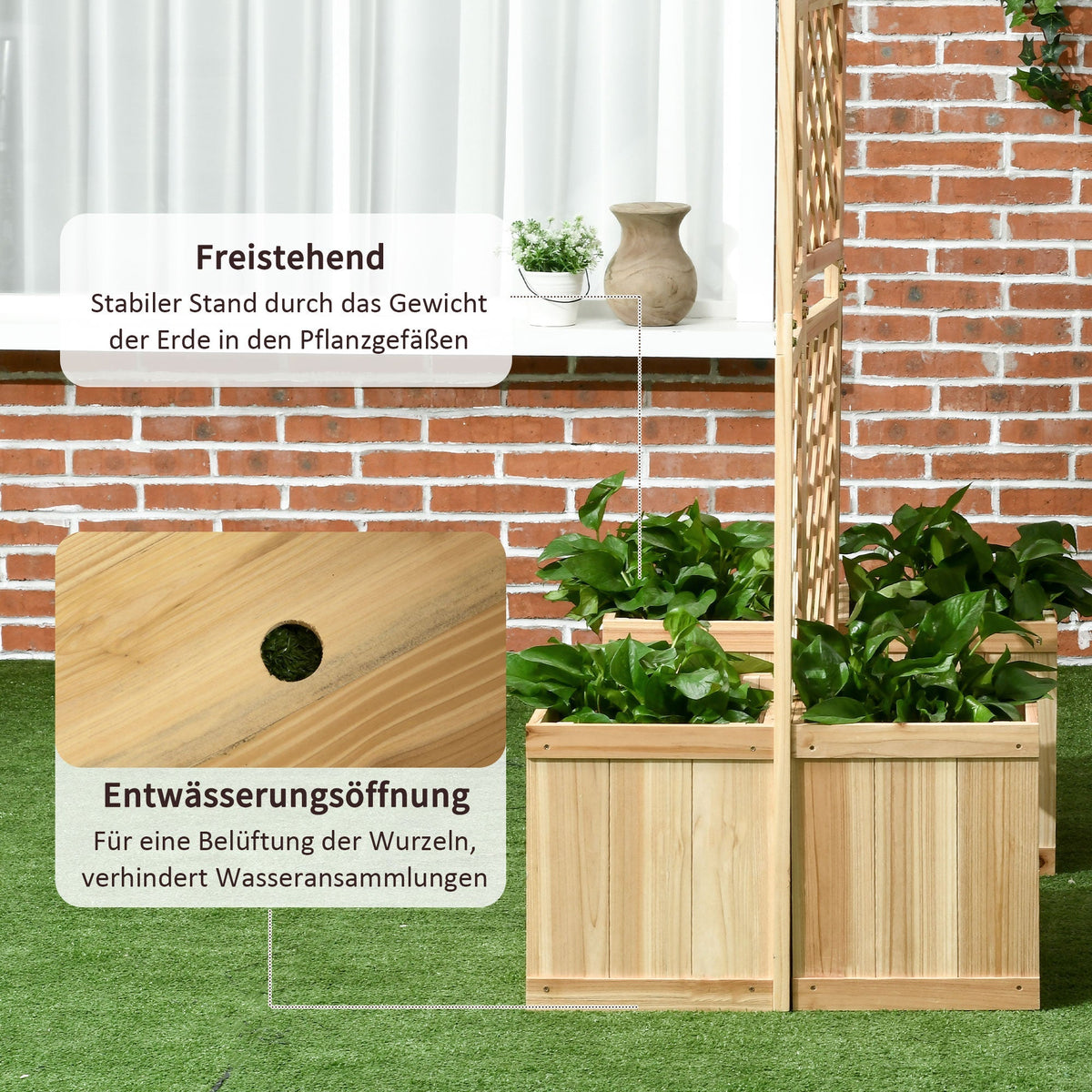 Balcony Screen Room Divider 133x165cm 3-Piece 4 Flower Boxes Weatherproof Natural Color