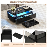 Coffee Table with Tray, High-Gloss, 2 Drawers, Tempered Glass, LED Light, Black