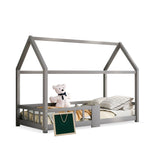 Children's House Bed 90x200cm Chalkboard Slatted Base Safety Rail Pine Wood, Grey