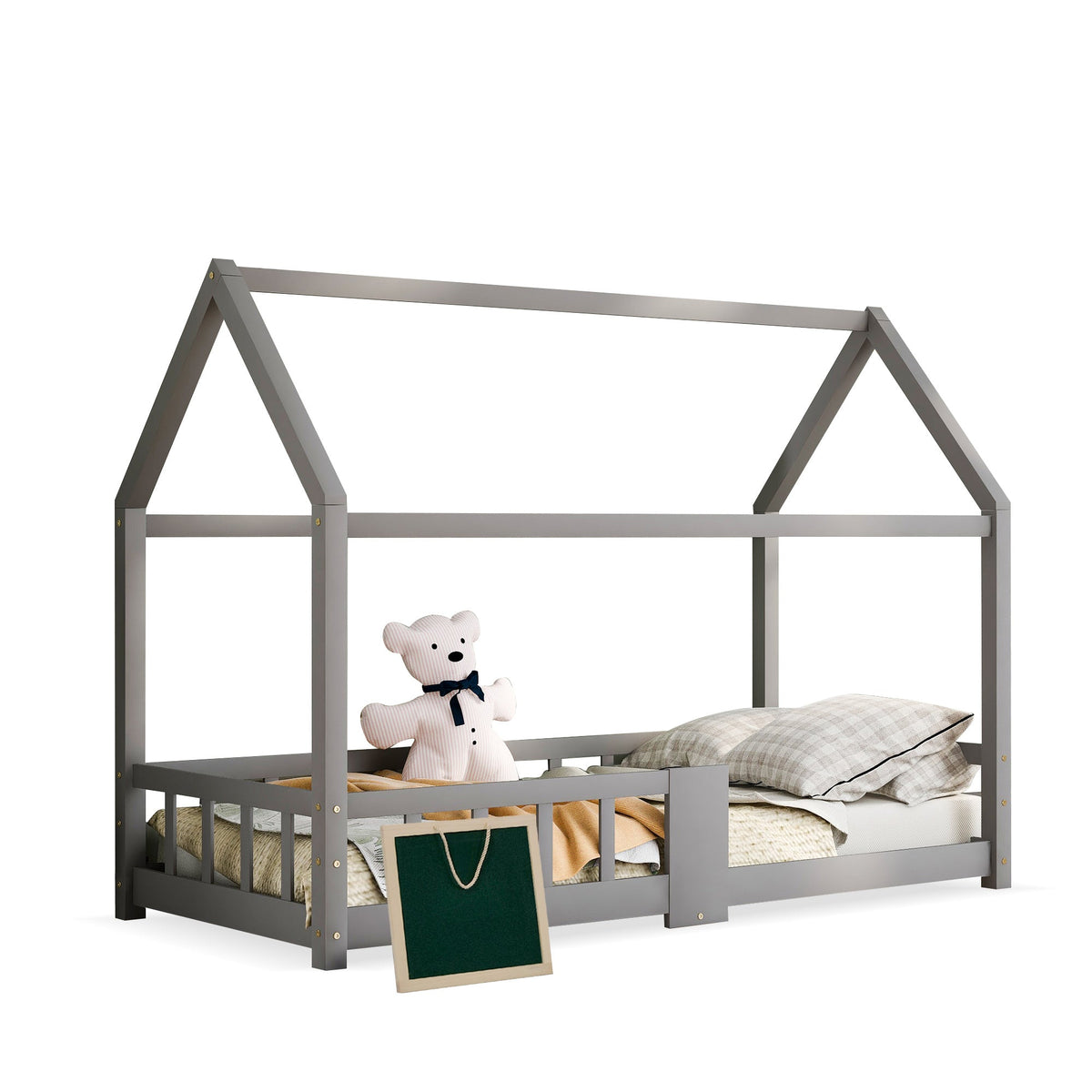 Children's House Bed 90x200cm Chalkboard Slatted Base Safety Rail Pine Wood, Grey