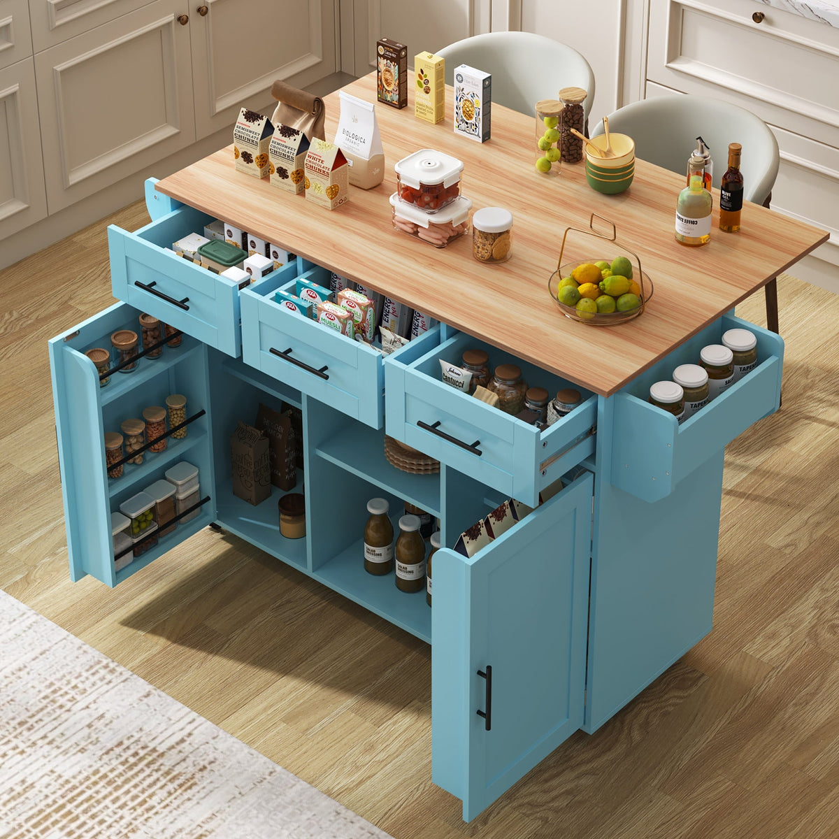 Dining Trolley Sideboard Extendable Fold-Down Worktop Storage Casters Blue/Solid Wood Grain