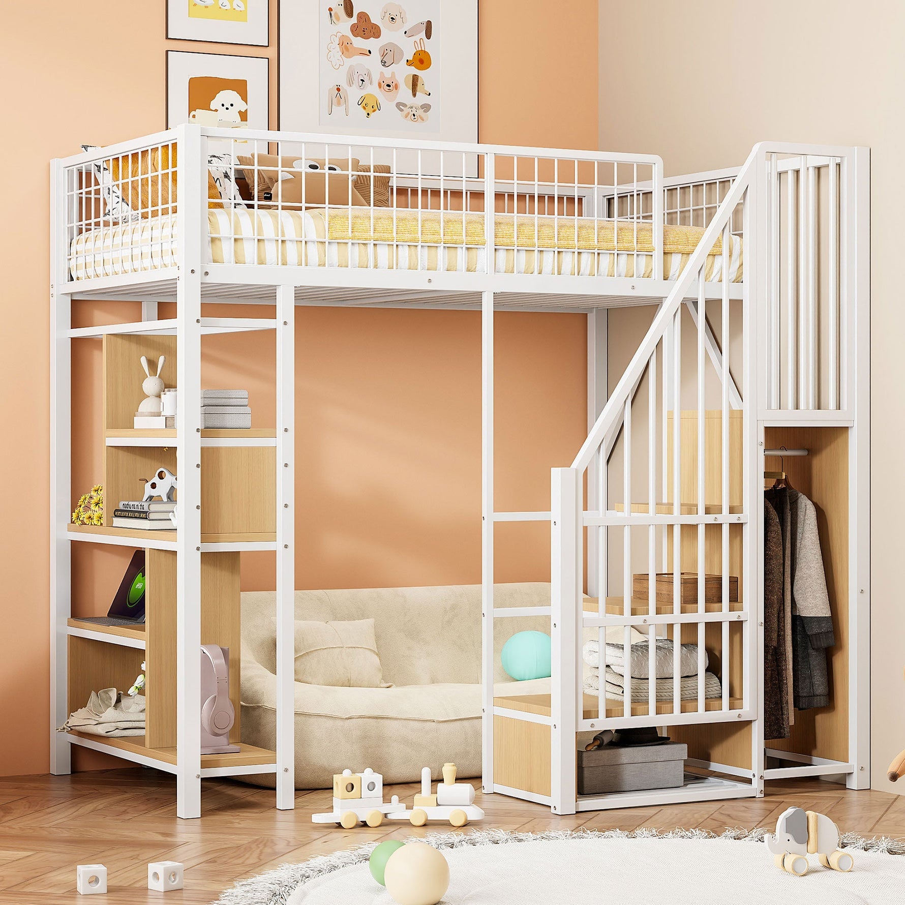 Multifunctional Loft Bed 90x200cm Storage Shelves Stairs, Metal White