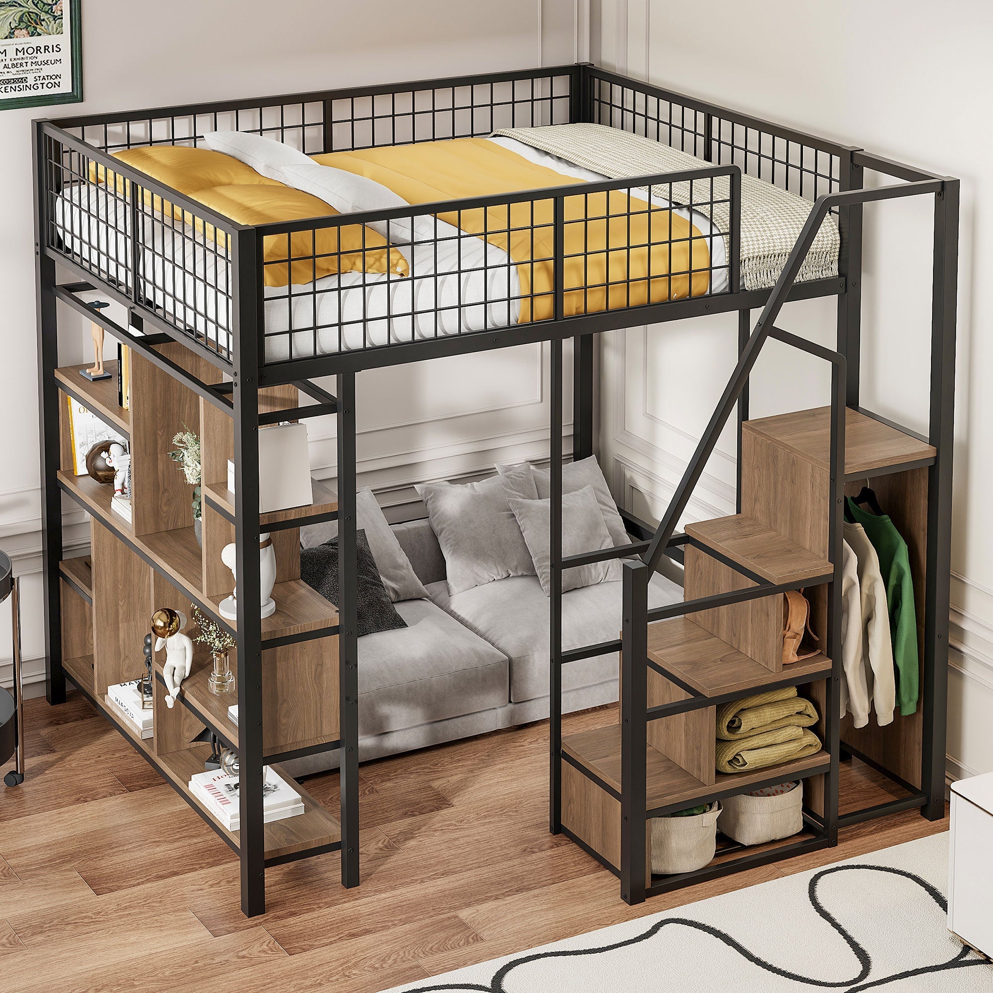 Loft Bed, Multifunctional with Storage & Stairs, 140x200 cm, Metal Black