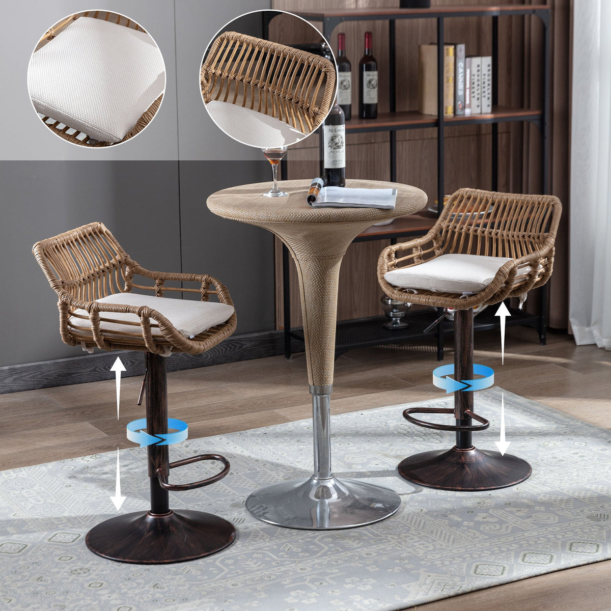 Modern Bar Stool Set of 2, Adjustable with Footrest, Beige