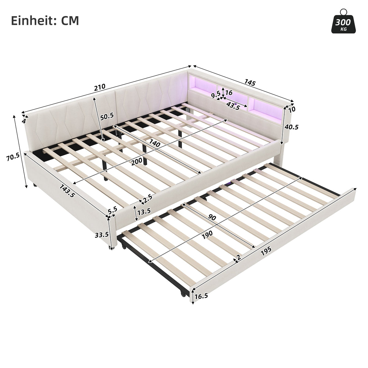 Daybed Sofa Bed 140x200cm Pull-out Bed Storage LED USB/Type-C - Linen Beige