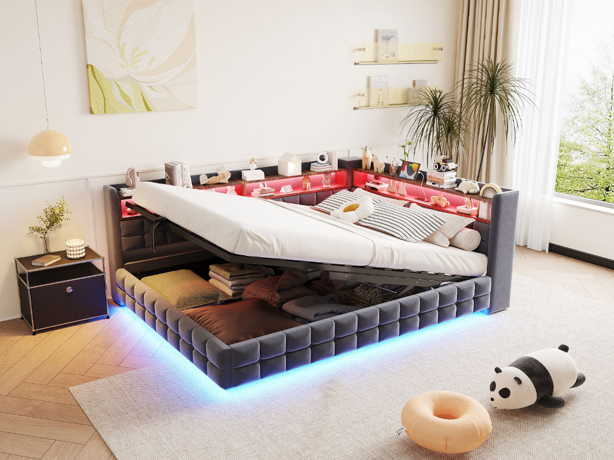 Multifunctional Sofa Bed 140x200 with Storage & LED, Dark Grey Velvet