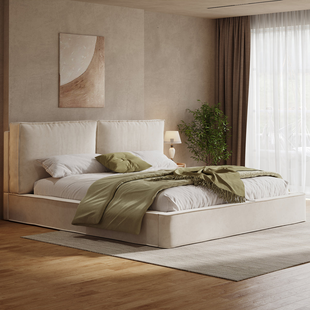 Upholstered Double Bed 160x200cm, Slatted Base, Beige Chenille