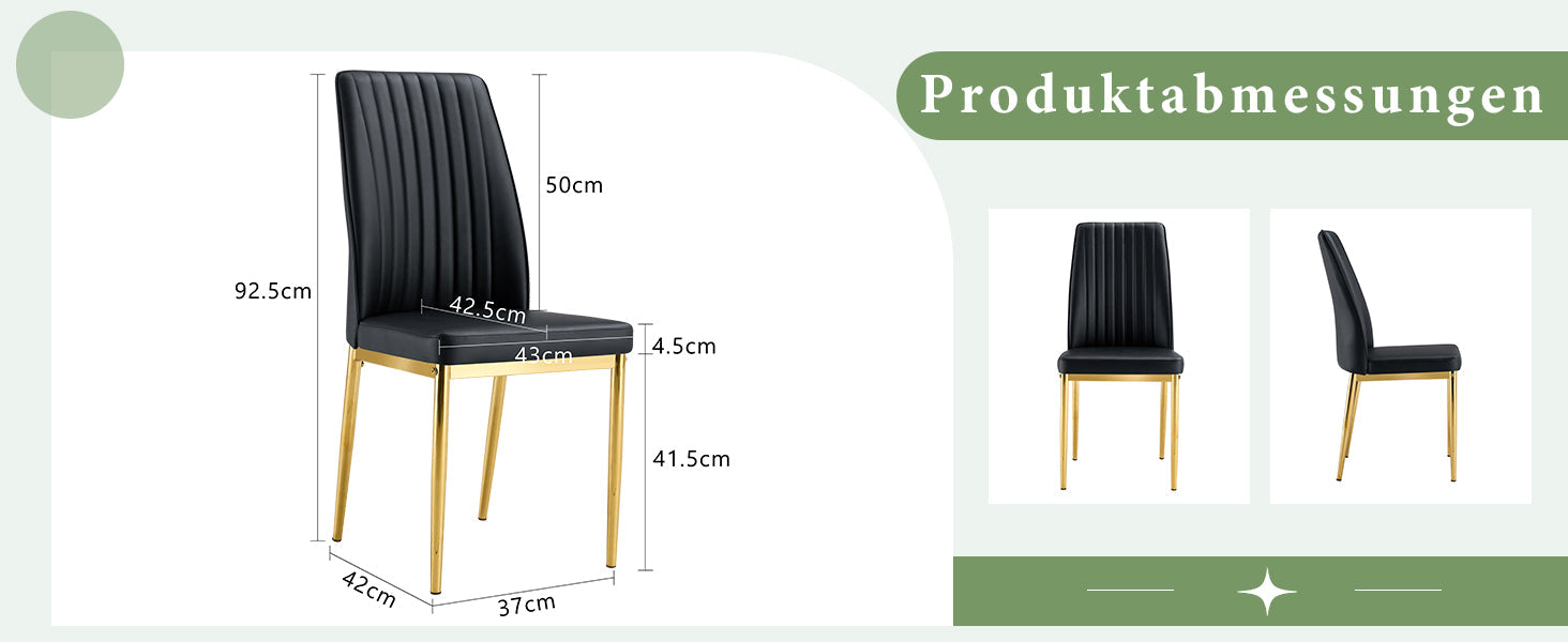 Dining Chair Set 4-Piece Golden Metal Legs PU Leather - Black