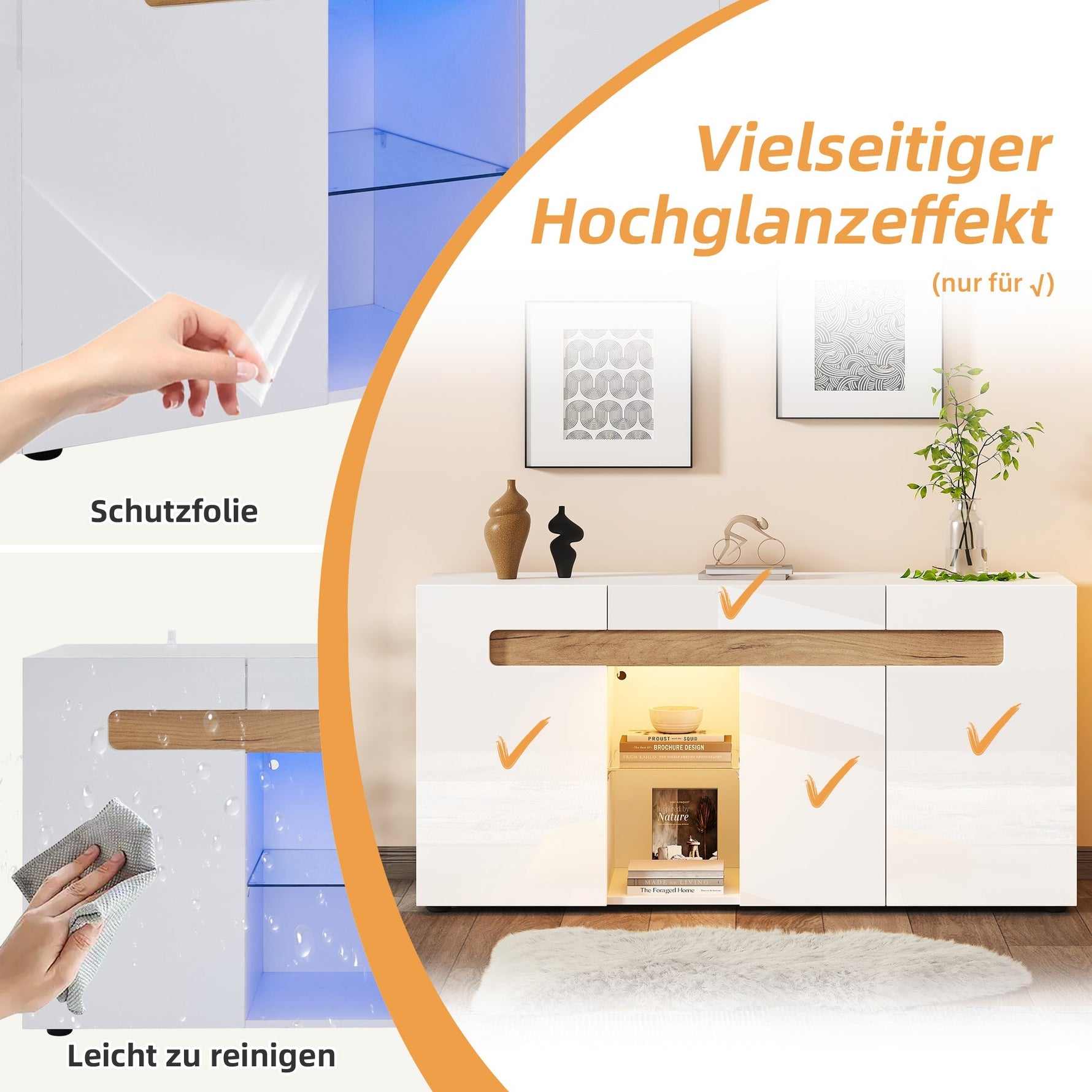 Sideboard 3-Door LED Control 140x40x70cm High-Gloss White
