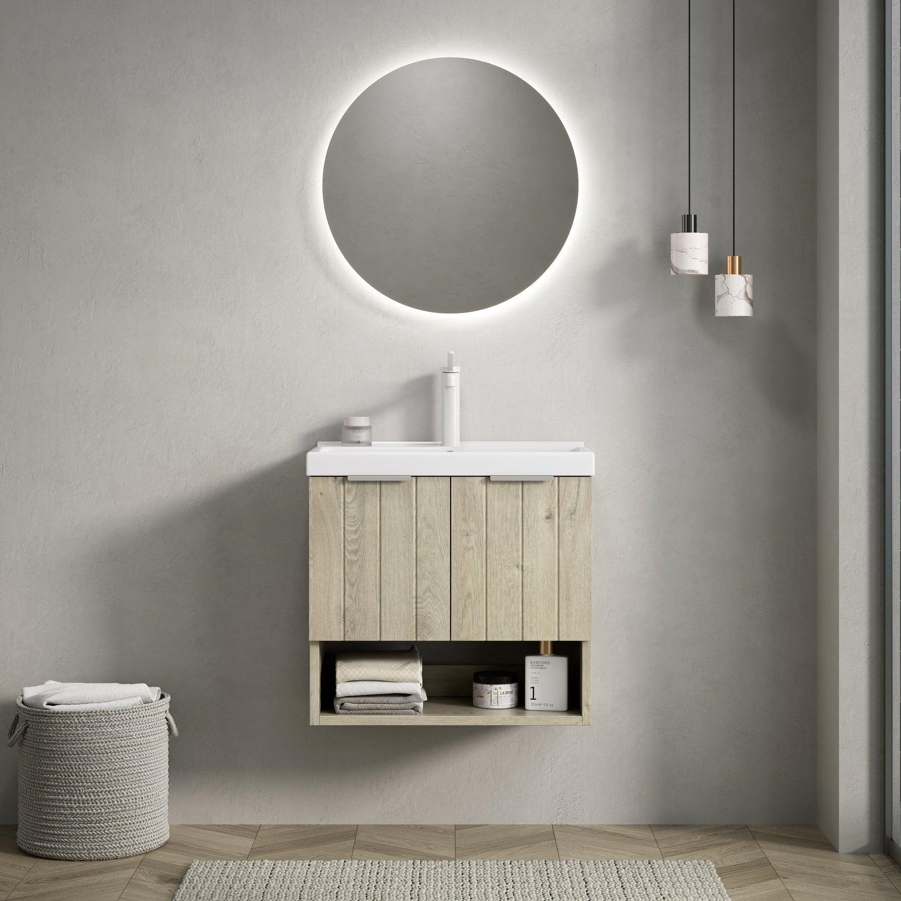 Wall-mounted Bathroom Vanity Unit with Ceramic Sink and Open Shelf, 55cm, Oak Cream