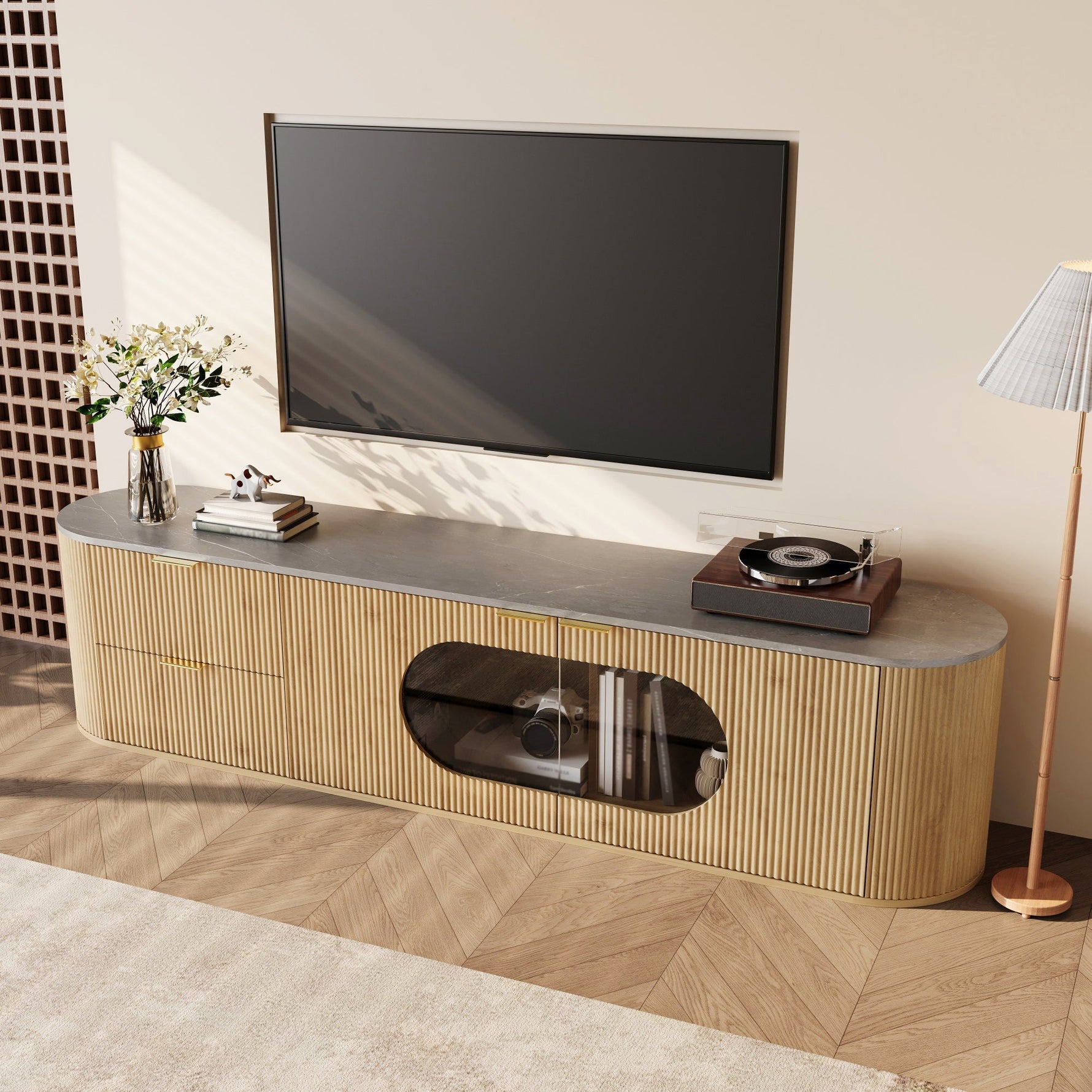 Modern Minimalist TV Cabinet with 3D Stripes and Glass Display, Wood Look and Grey Glass