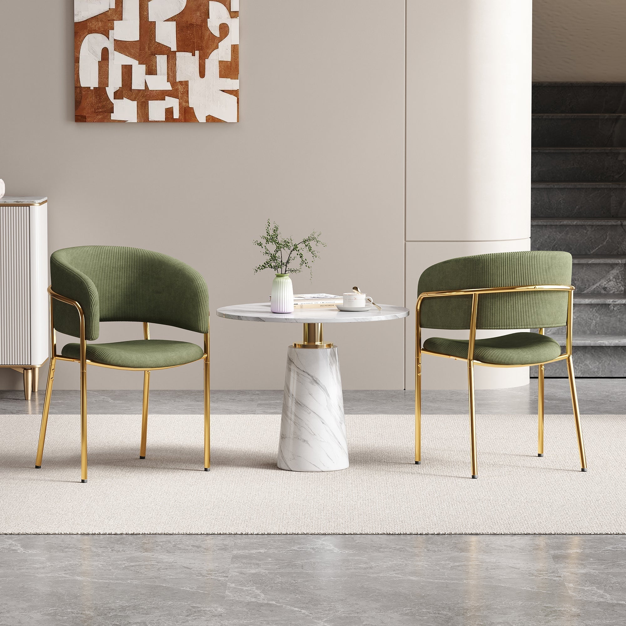 Modern Chairs with Angled Legs and Adjustable Feet, Green Corduroy Fabric (Set of 2)