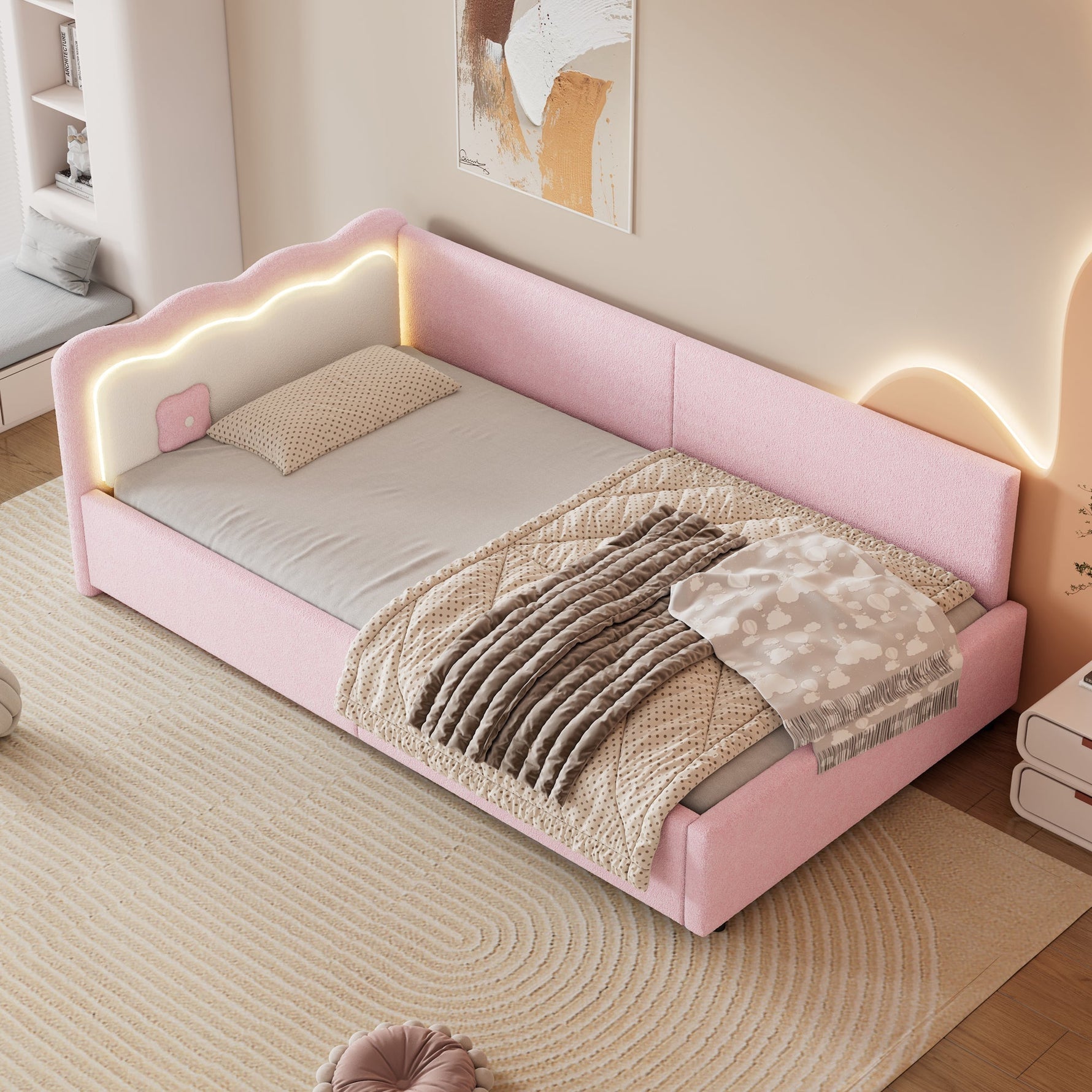 Daybed Sofa Bed with LED Ambient Light and Slatted Base, Pink Imitation Fleece