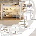 Loft Bed 90x200cm with Desk, Shelves & LED, White Iron Frame