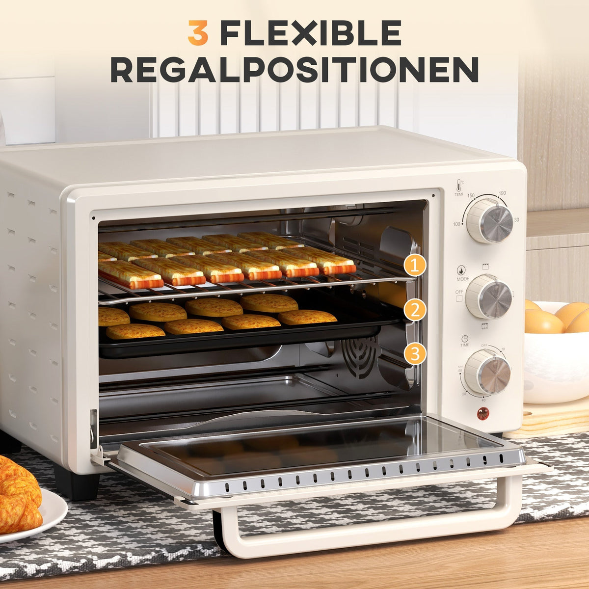 Mini Oven Rotisserie Toaster 21L, 3 Modes, Stainless Steel, Cream White