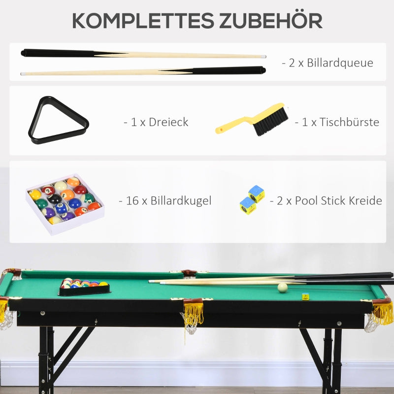 Pool Table with Folding and Height-Adjustable Design, Includes 2 Queues and 16 Balls, Green