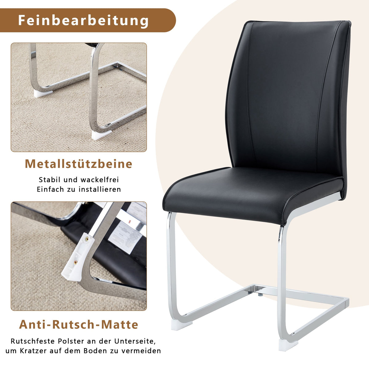 Chairs (Set of 4), Comfortable with Silver Metal Legs, Black PU