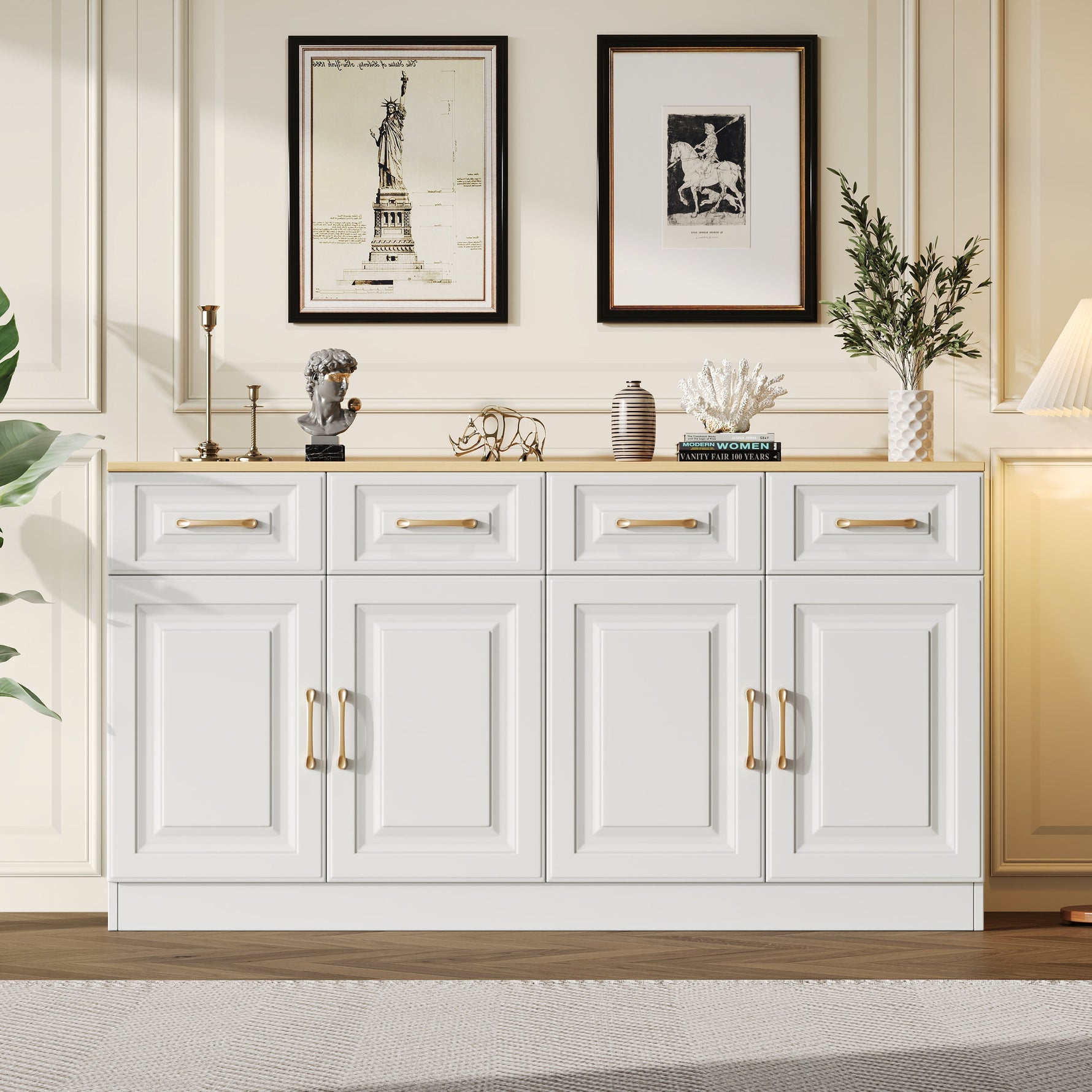 Sideboard Buffet Storage Cabinet 140cm 4 Drawers 4 Barn Doors White Wood