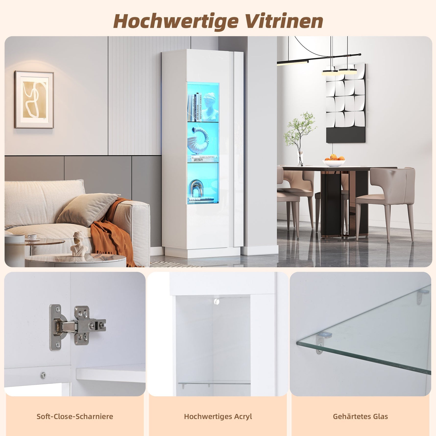 Cabinet, 60x40x180cm High-Gloss Display with LED Lighting, White Acrylic