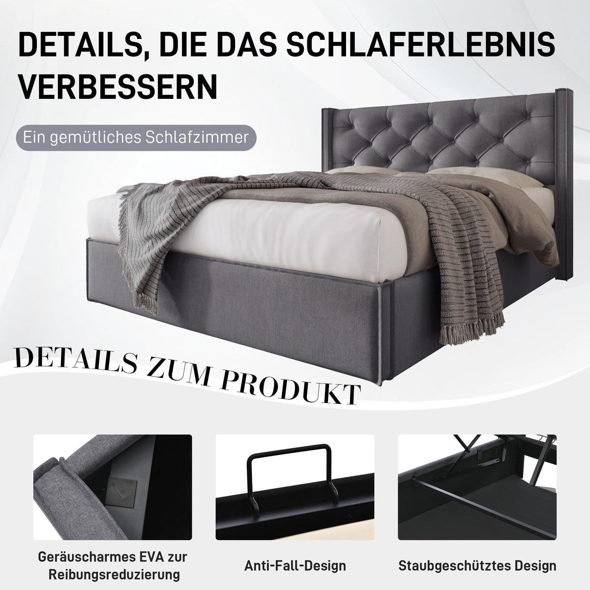 Hydraulic Double Upholstered Bed, 140x200cm Storage, Cotton Grey