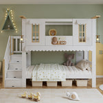 Children's Bunk Bed 90x200cm with Storage Stairs, White & Natural