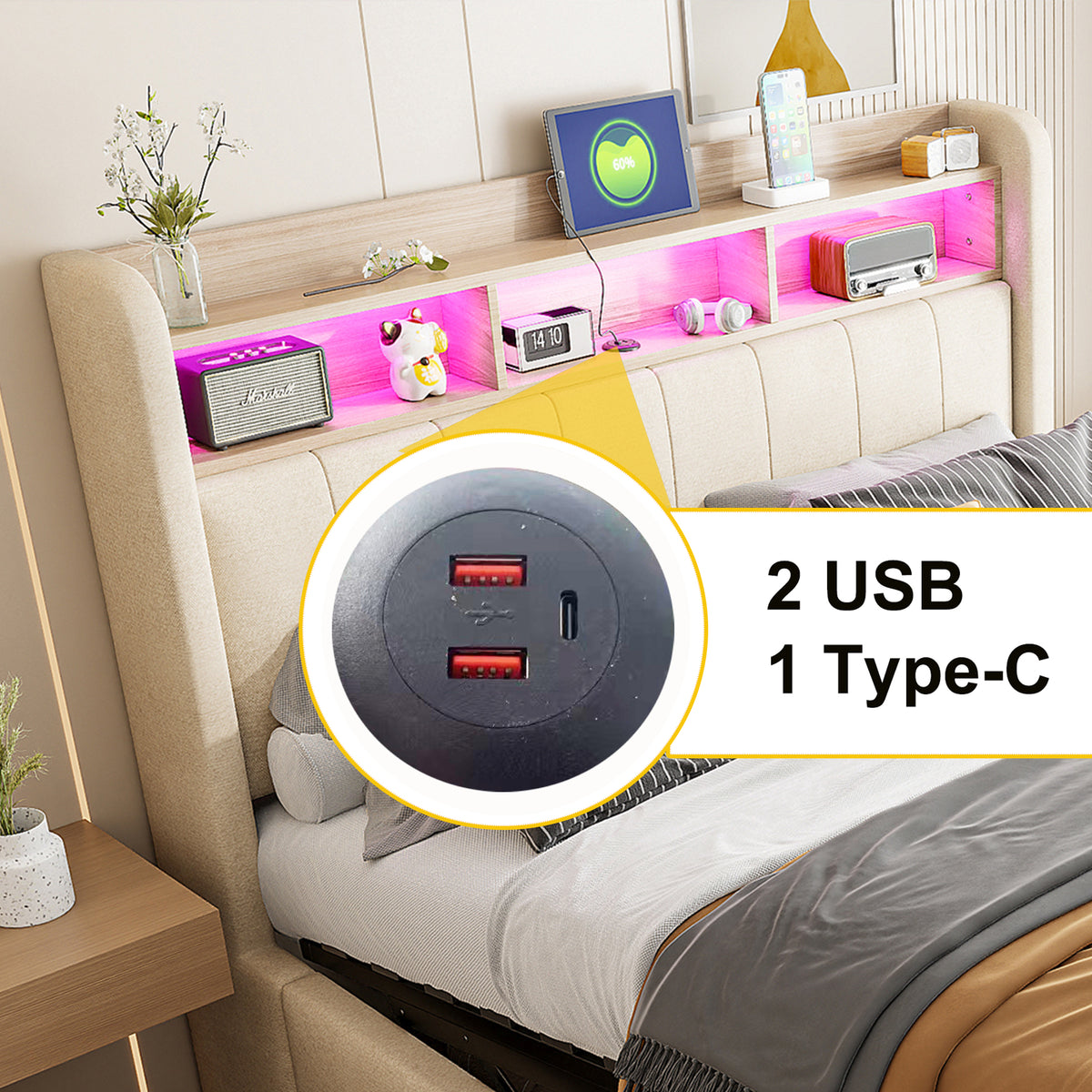 Upholstered Bed 140x200cm with Storage & LED, Beige Linen