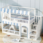 Bunk Bed with Staircase Storage and Decorative Windows, 90x200cm, White and Blue Pine + MDF + Plywood