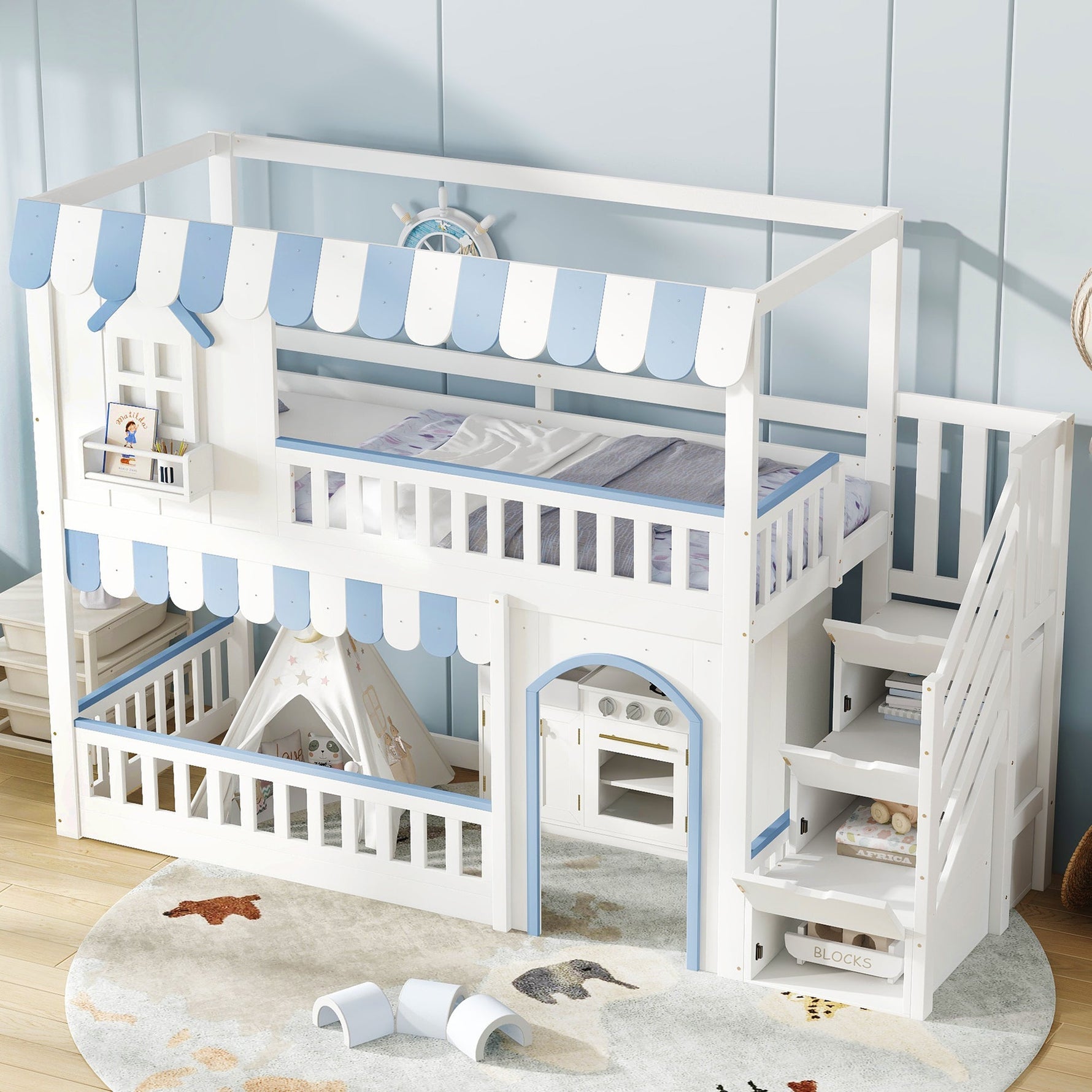 Bunk Bed with Staircase Storage and Decorative Windows, 90x200cm, White and Blue Pine + MDF + Plywood