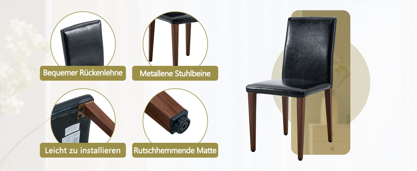 Minimalist Dining Chairs Set of 4, PU Leather and Metal Legs, Black and Walnut finish