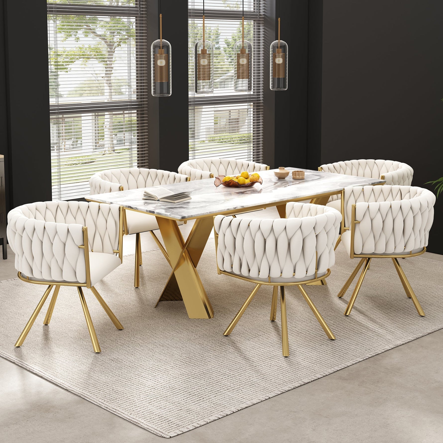 Velvet Dining Chair Set of 4 Swivel Metal Legs - Beige and Gold