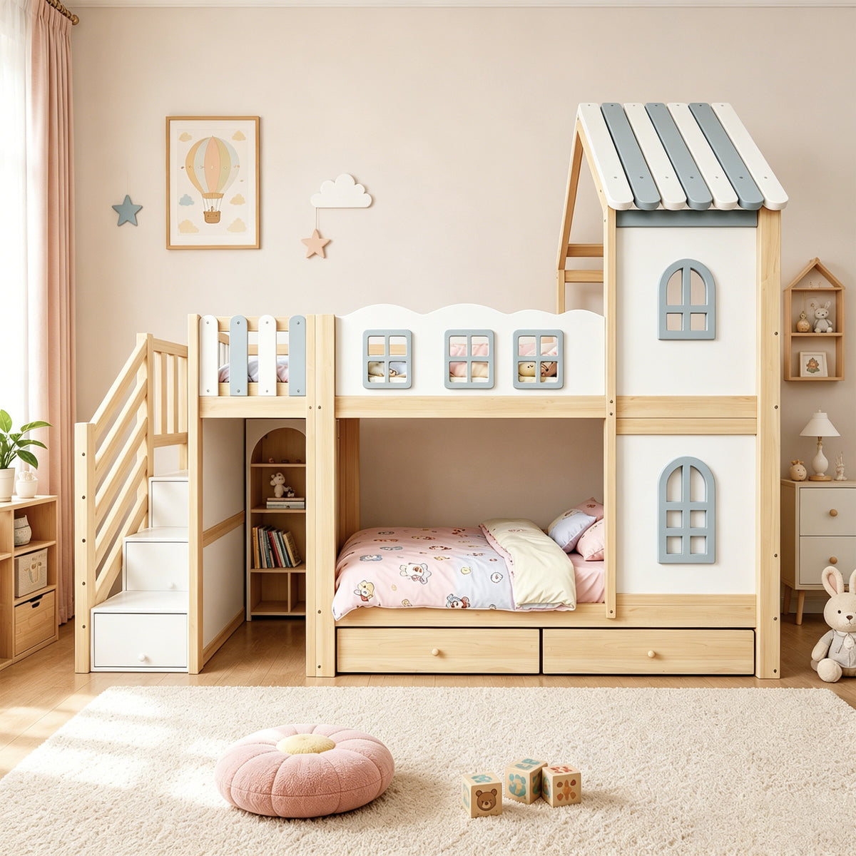 Children's Bunk Bed 90x200cm with Roof & Storage Ladder, White