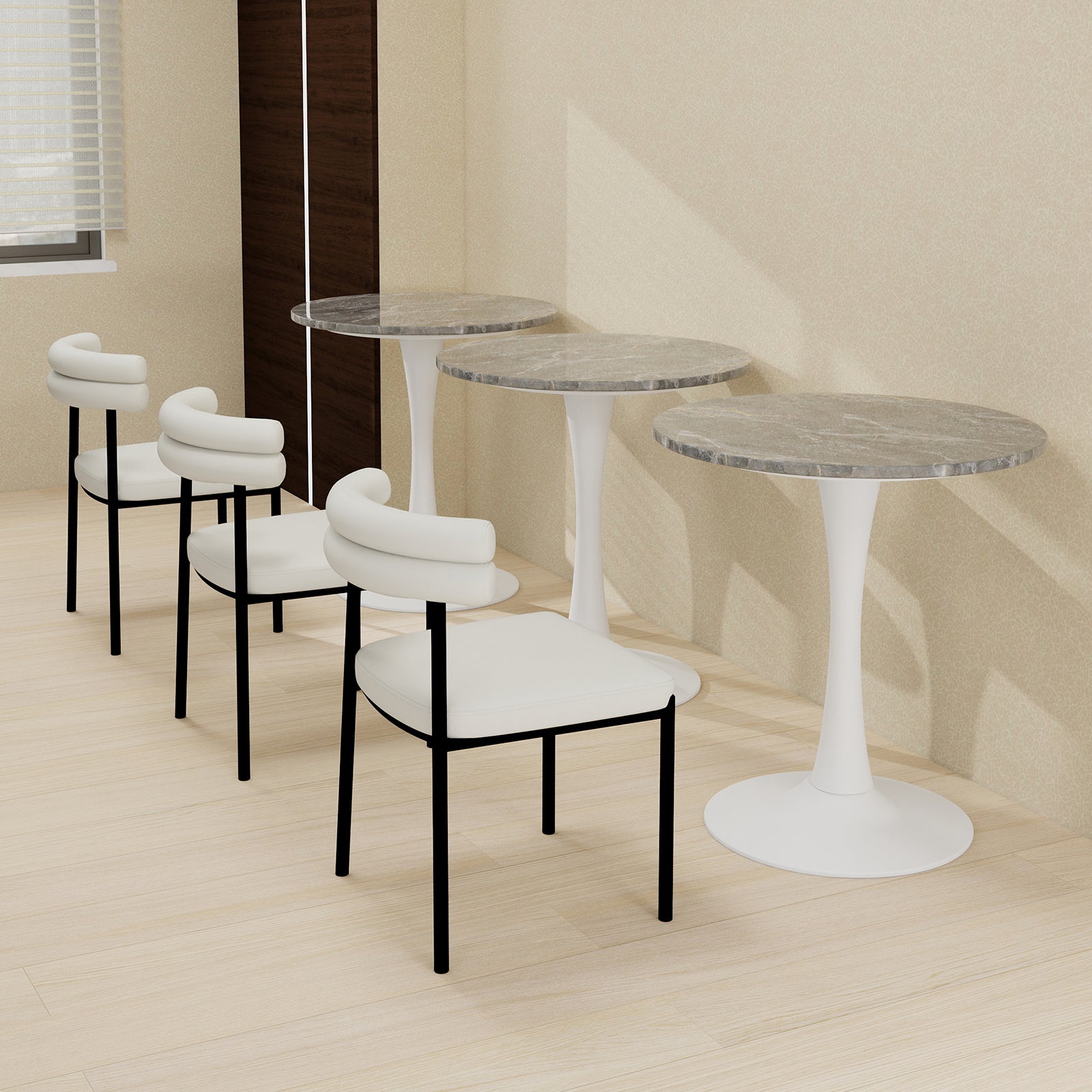 Coffee Table 27.6-inch Round Marble Top Mid-Century Modern - White/Gray Veined Finish