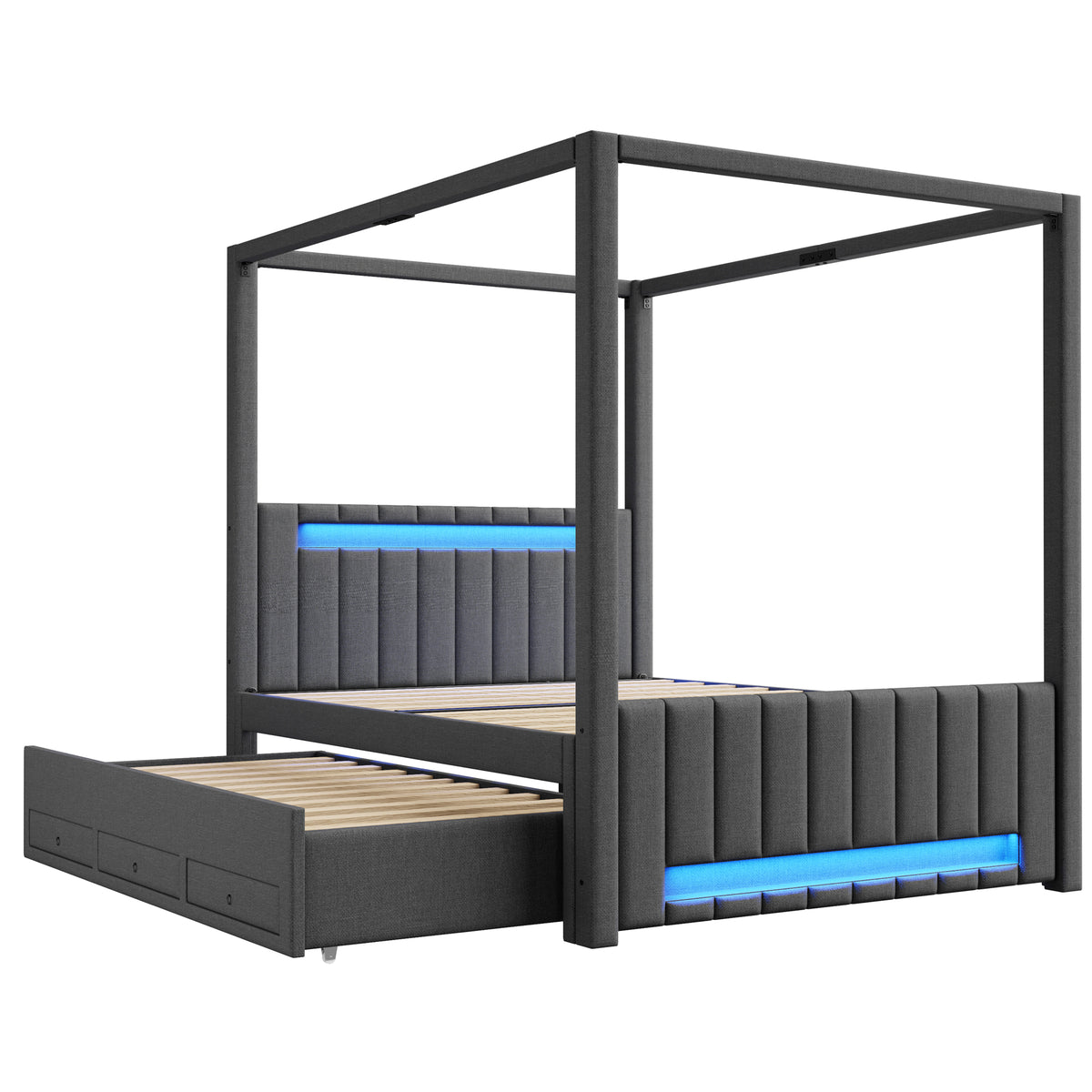 Upholstered Four-Poster Bed 140x200cm, Pull-Out & 3 Drawers, Grey
