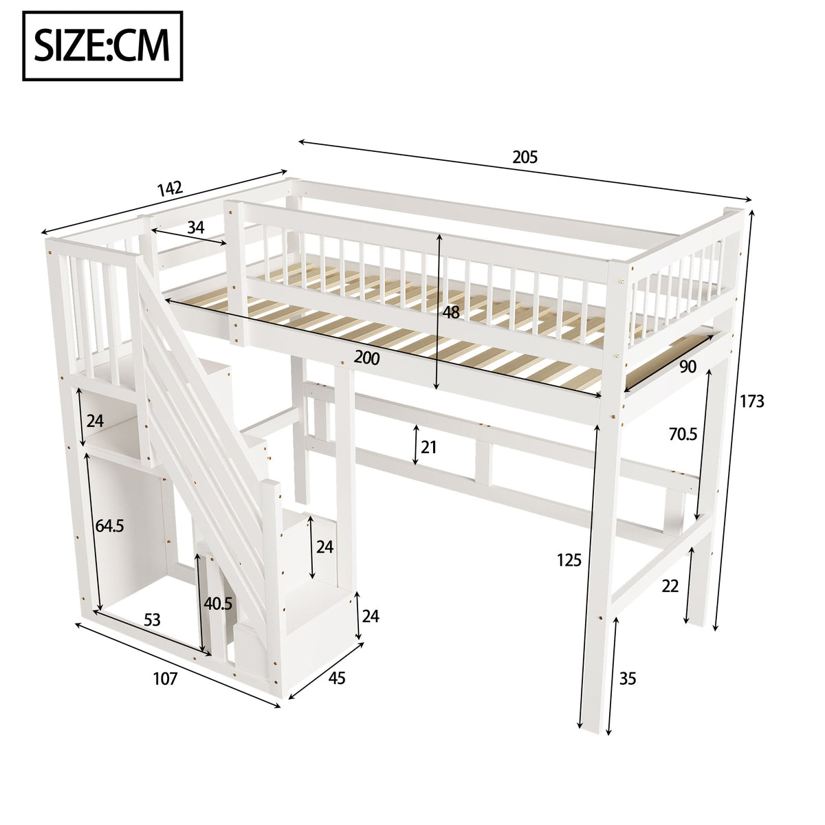 Solid Wood Bed 90*200, Storage Stairs, Children's Youth Single, White