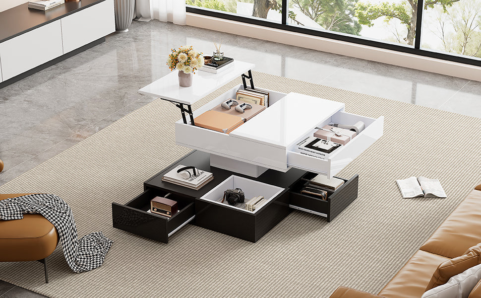 Coffee Table, 360° Rotating Top, 3 Drawers, Liftable, White & Black