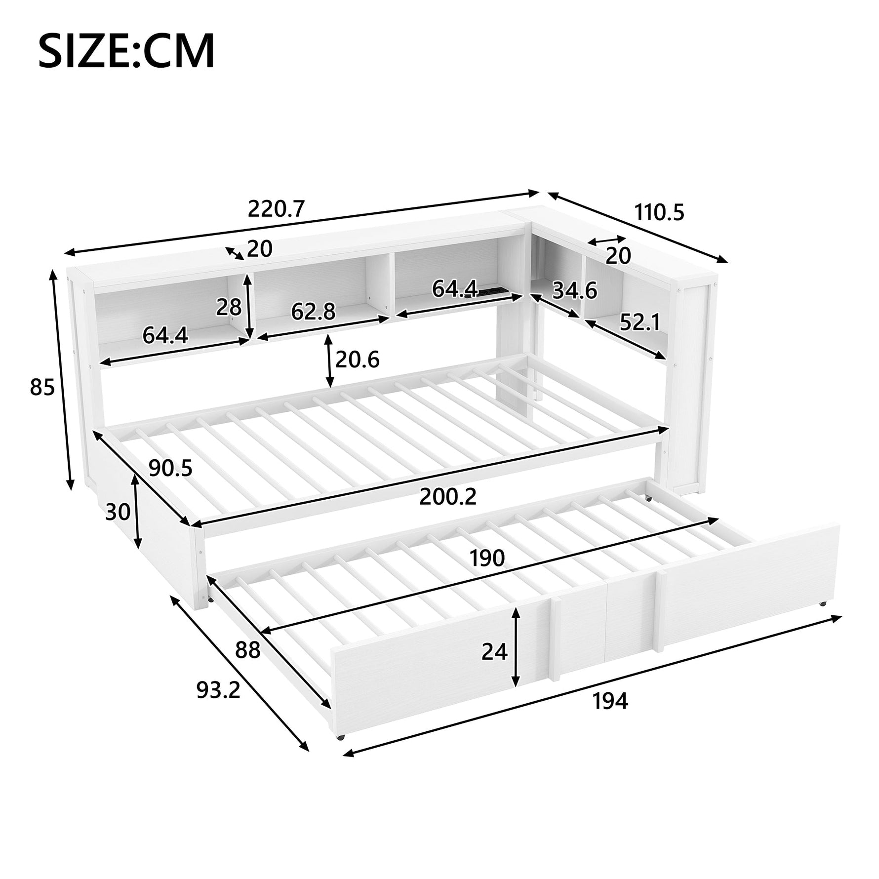 Metal Daybed 90x200cm Pull-out Bed Storage Cabinets LED USB White