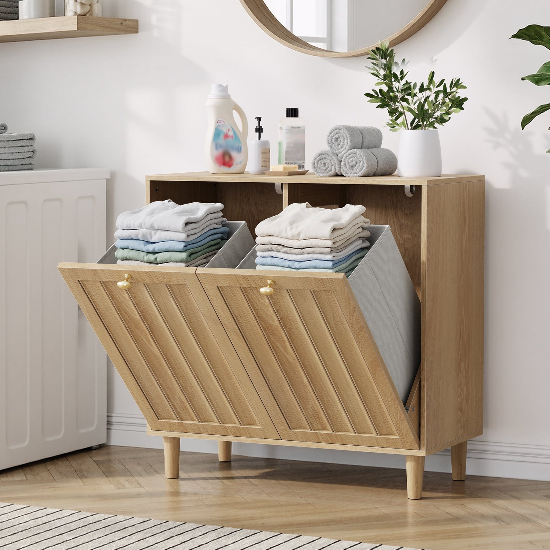 Slanted Laundry Basket with Removable Inner Basket and Bathroom Storage Shelf, Oak Wood Color