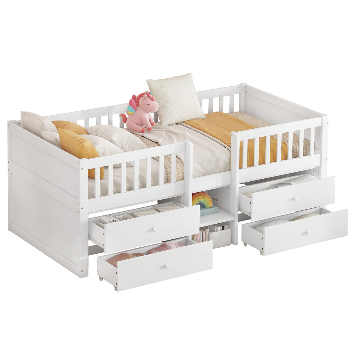 Mid-height Bed 90x200cm 4 Drawers Railing Ladder Pine Wood White
