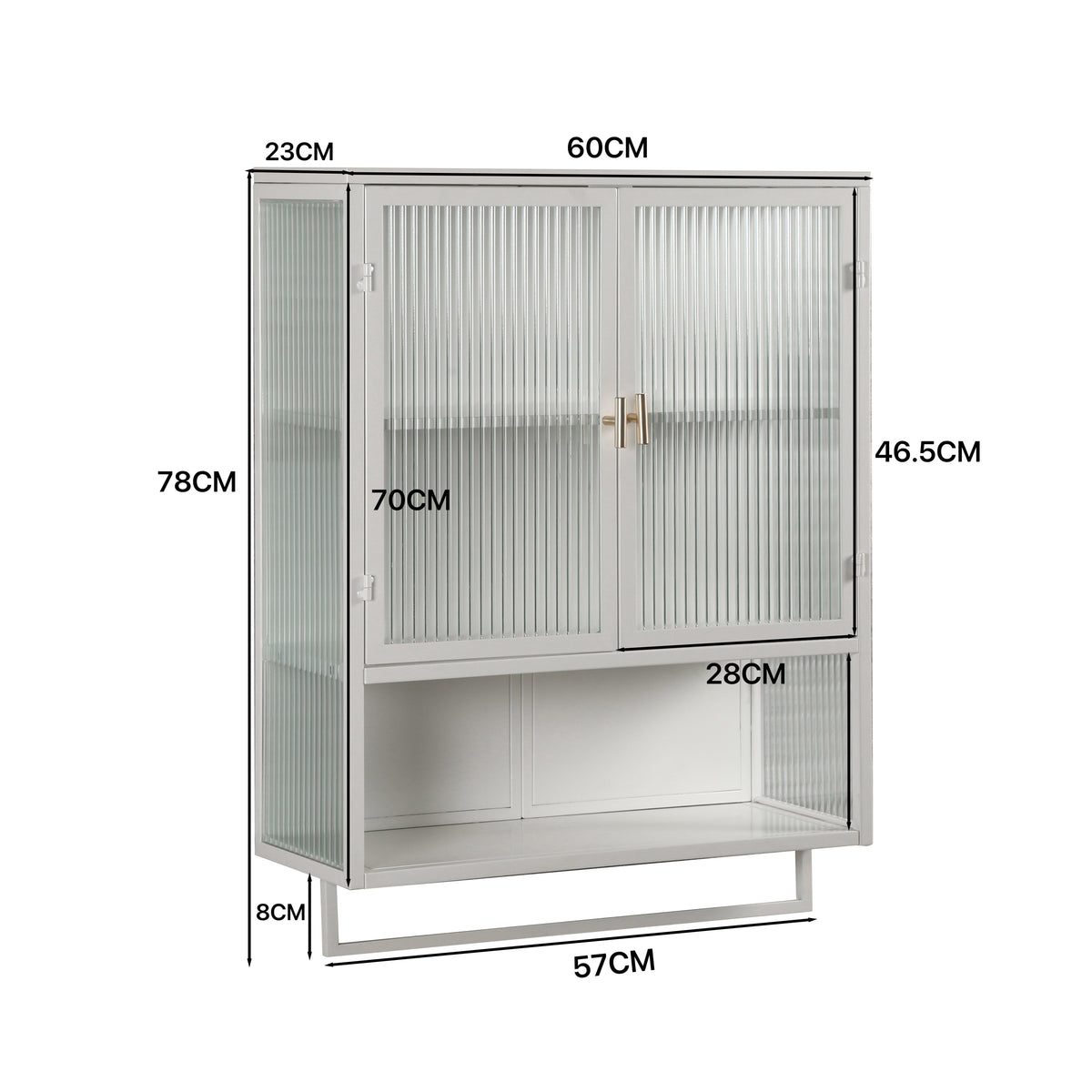 60CM Wall Cabinet with Glass Doors, Two-tier Enclosed Storage, Open Shelf, Towel Rack, White