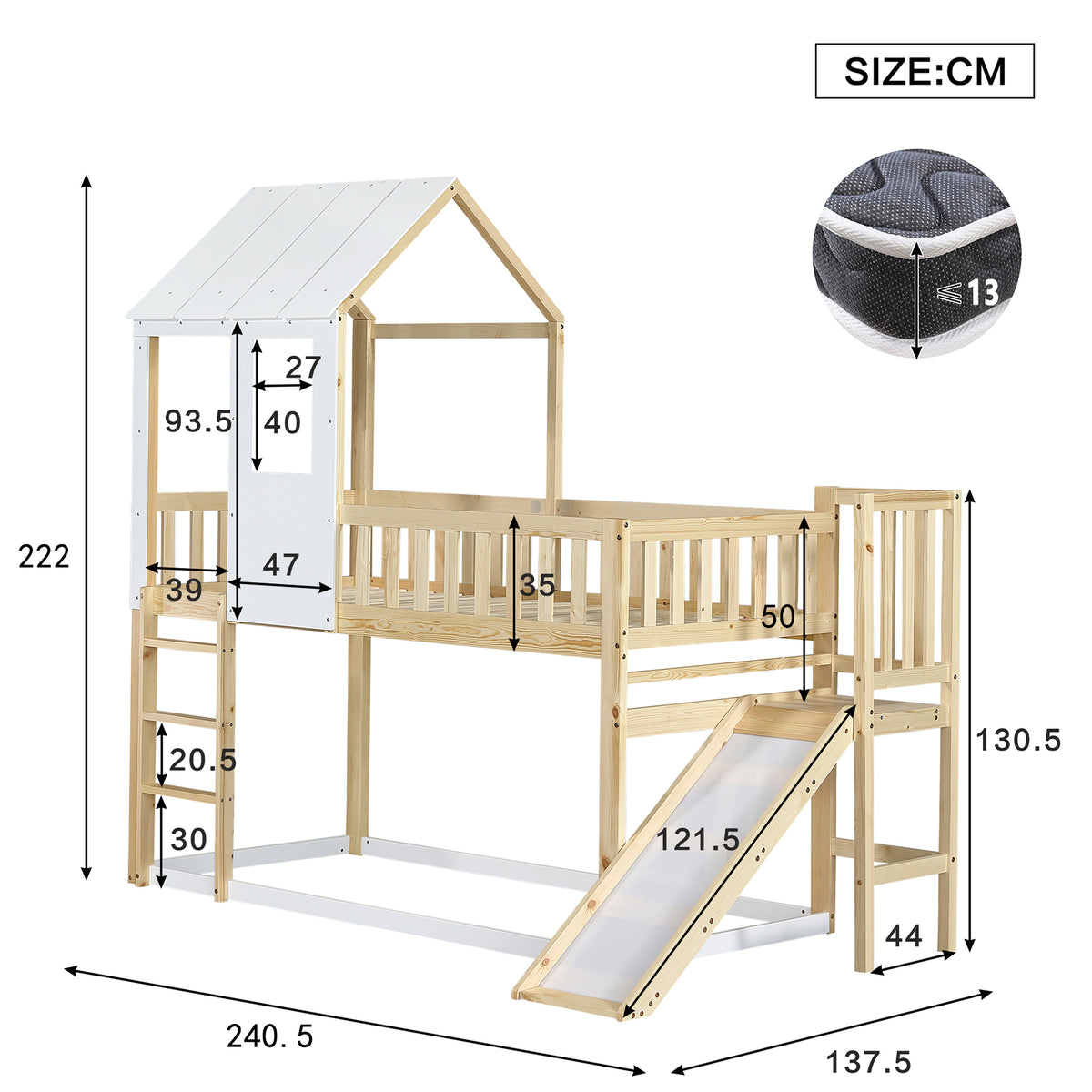Children's Bed with Roof Design & 2 Drawers - 90x200cm, Wood & MDF