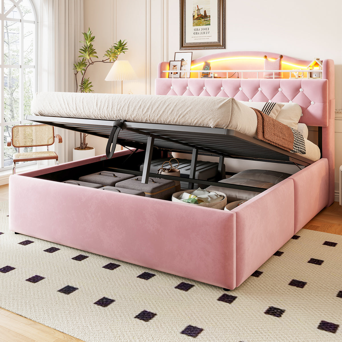 Upholstered Bed 140x200 cm with Storage & LED, Pink Velvet