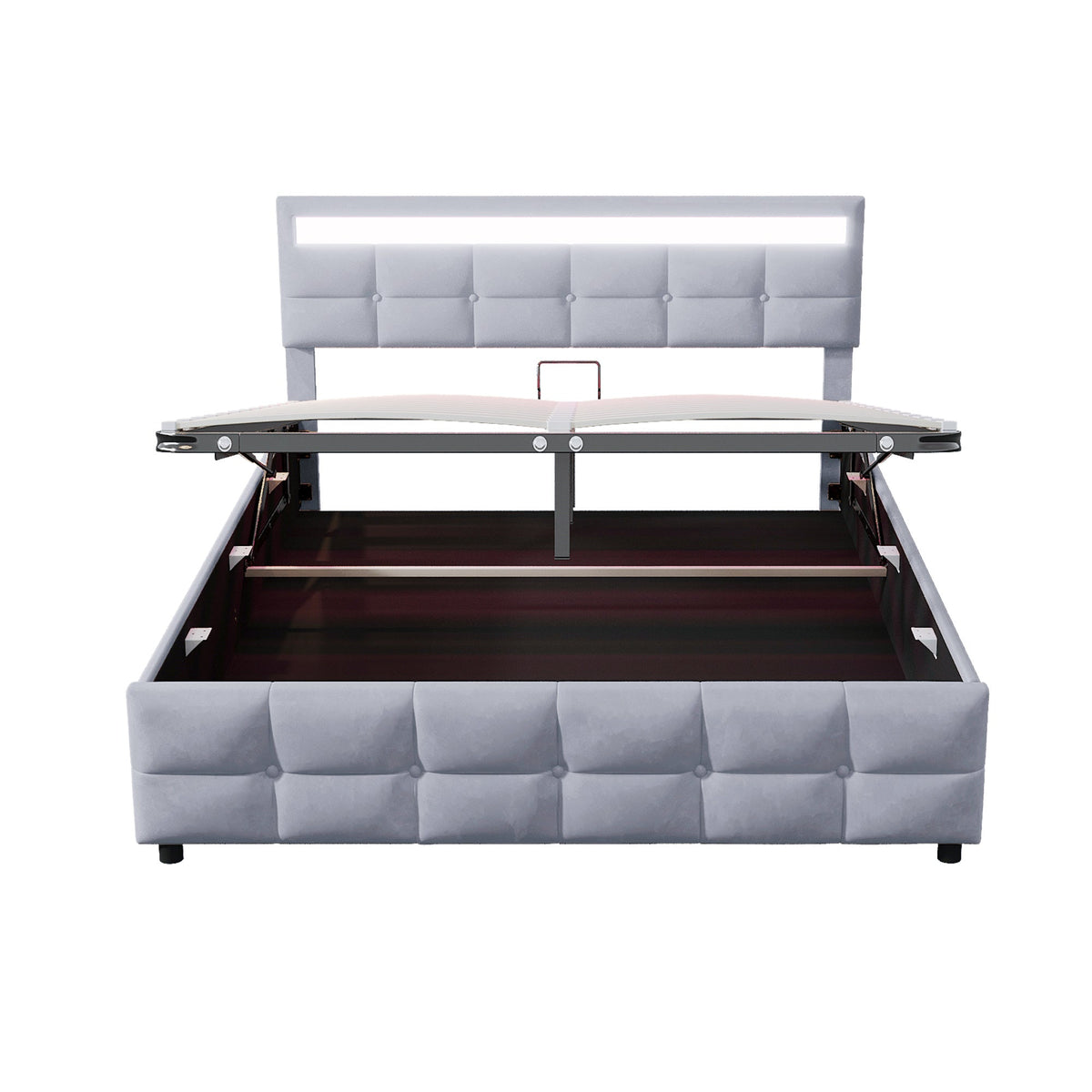 Upholstered Bed with LED Lights, Slatted Frame, Hydraulic, Dutch Velvet Fabric, Grey