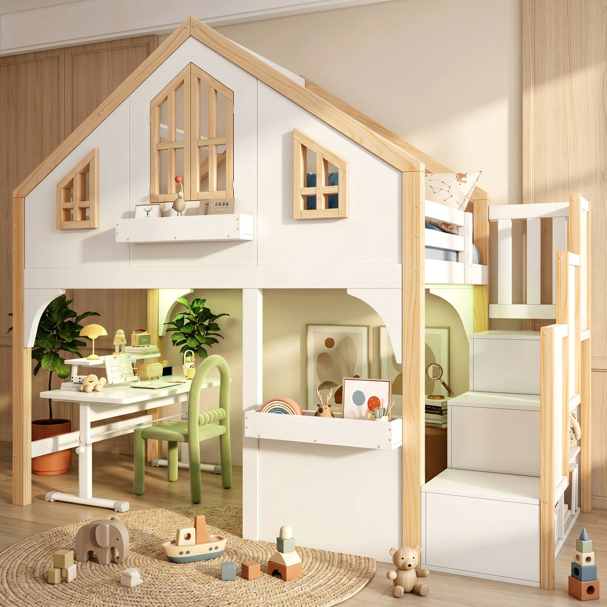 House Bunk Bed 90x200cm with LED & Storage Stairs, White+Natural