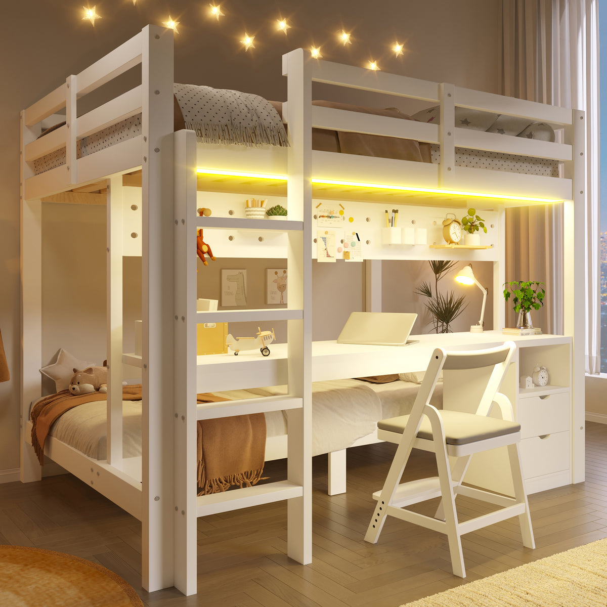 Loft Bed with Desk and Drawers, 90x200 & 140x200 cm, Pine Wood