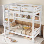 Bunk Bed, Children's with Safety Gate, Open Shelf, 5-Step Ladder, Pine + MDF White, 90x200cm