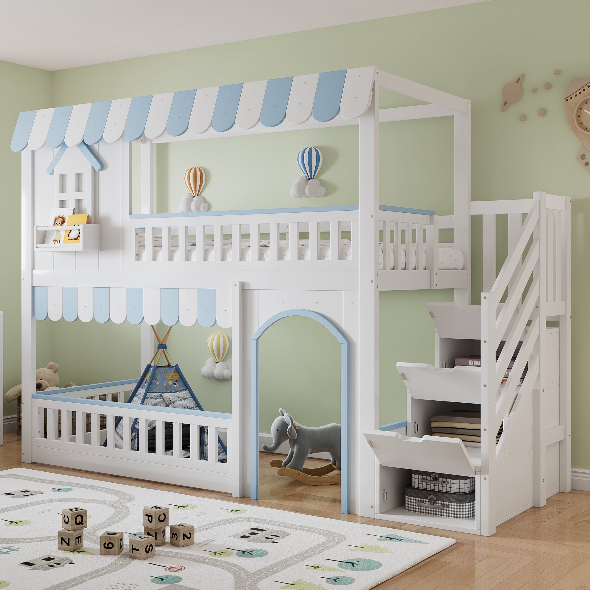 Bunk Bed with Staircase Storage and Decorative Windows, 90x200cm, White and Blue Pine + MDF + Plywood