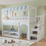 Bunk Bed with Staircase Storage and Decorative Windows, 90x200cm, White and Blue Pine + MDF + Plywood