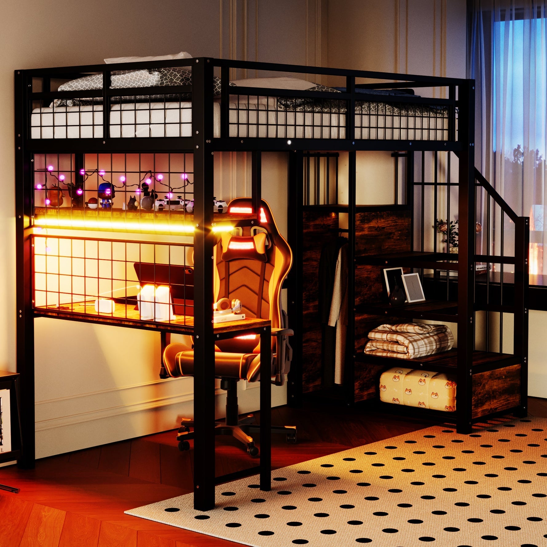 Metal Loft Bed 90x200cm Storage Ladder Wardrobe Desk Light & USB - Black
