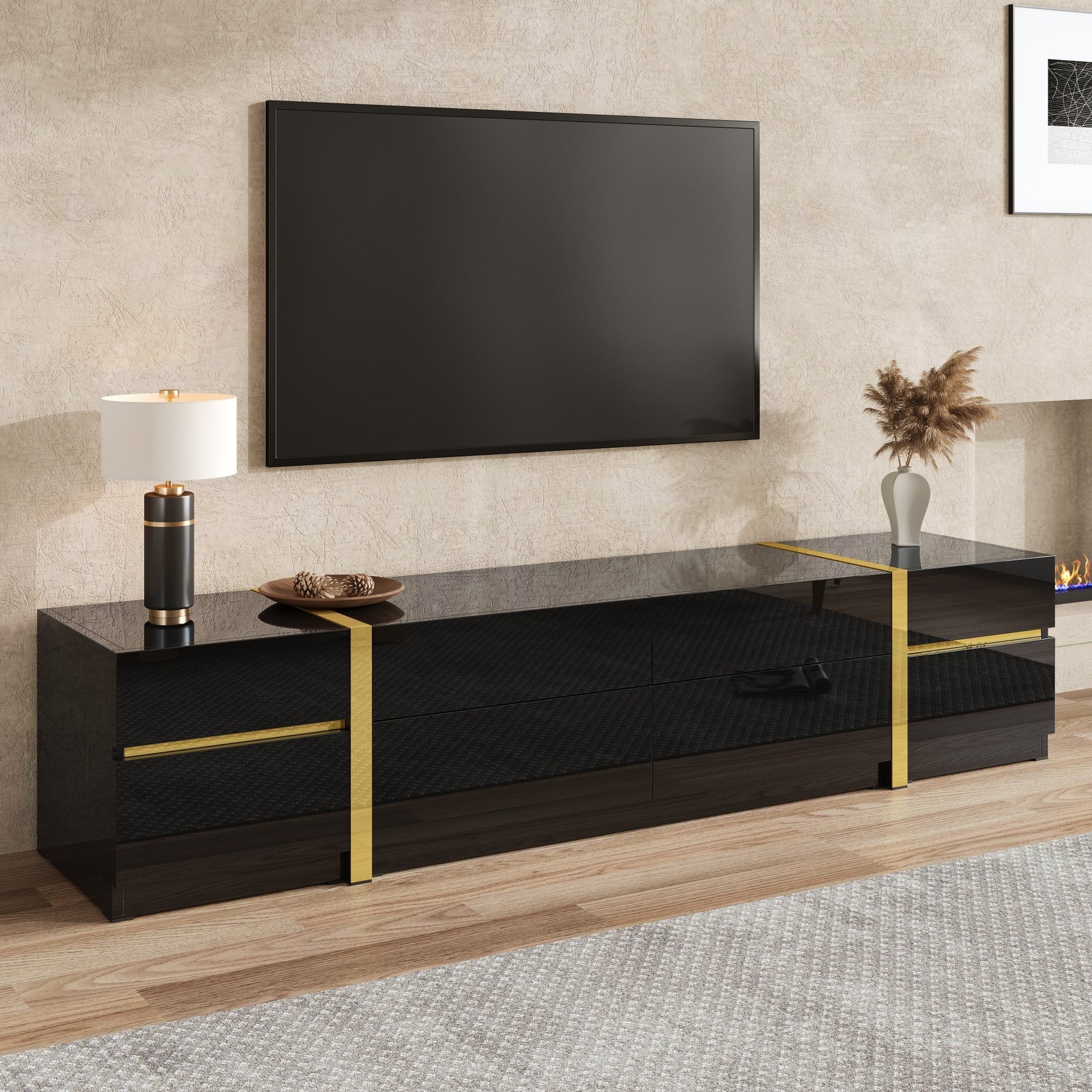 Luxurious TV Stand with Drawers and Doors, Modern High-Gloss Finish, Gold Edges