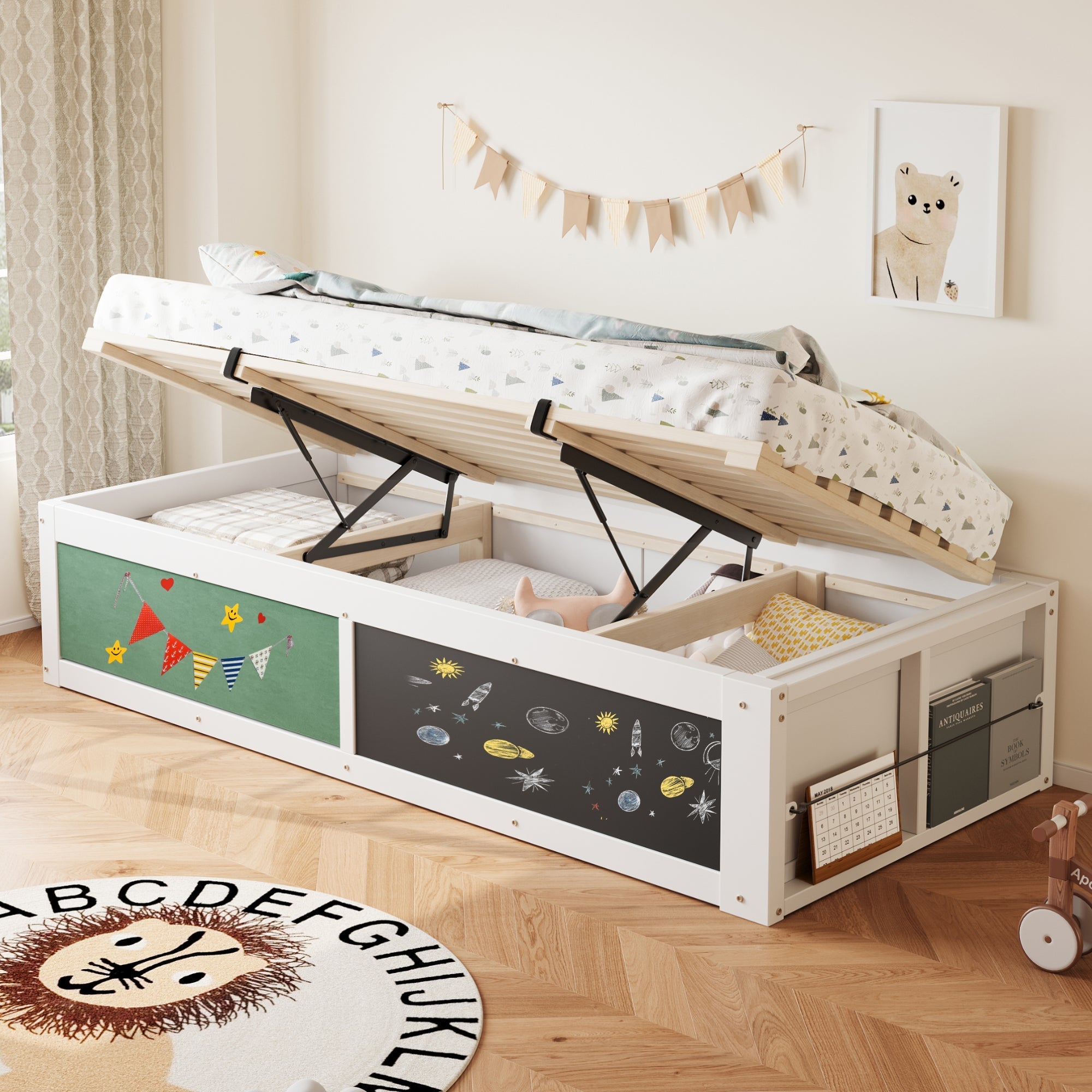 Wooden Bed 90x200cm Hydraulic Writing Surface Storage - White
